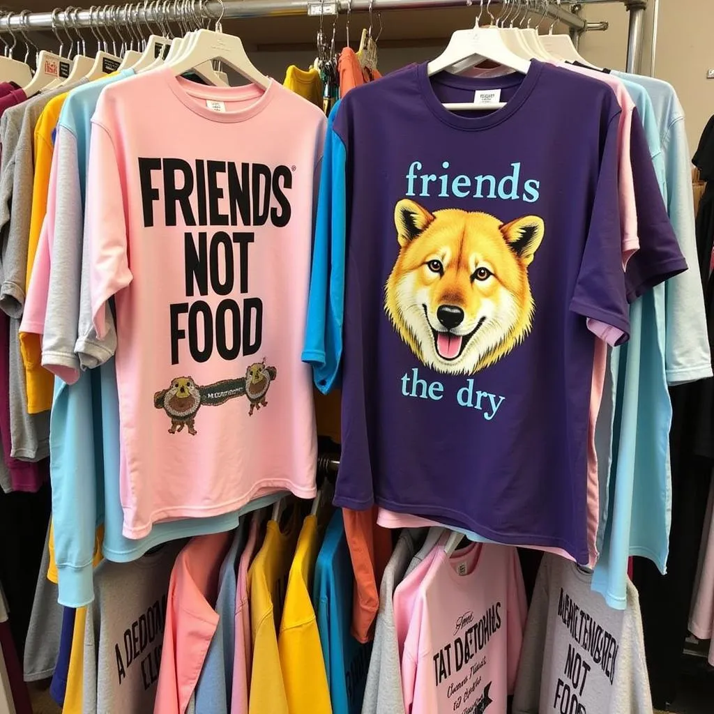 Different styles of friends not food shirts displayed on a rack