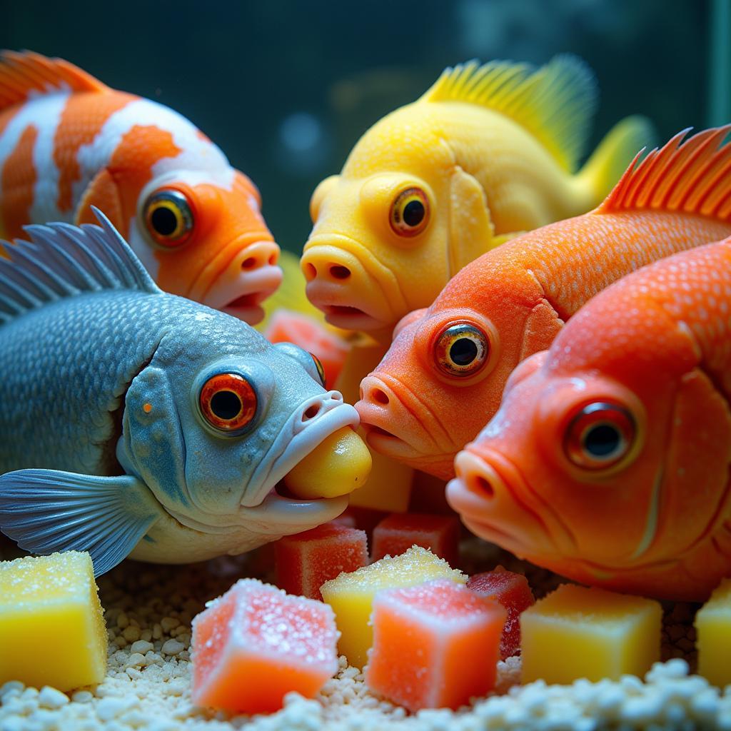 Frozen Fish Food Cubes During Feeding Time