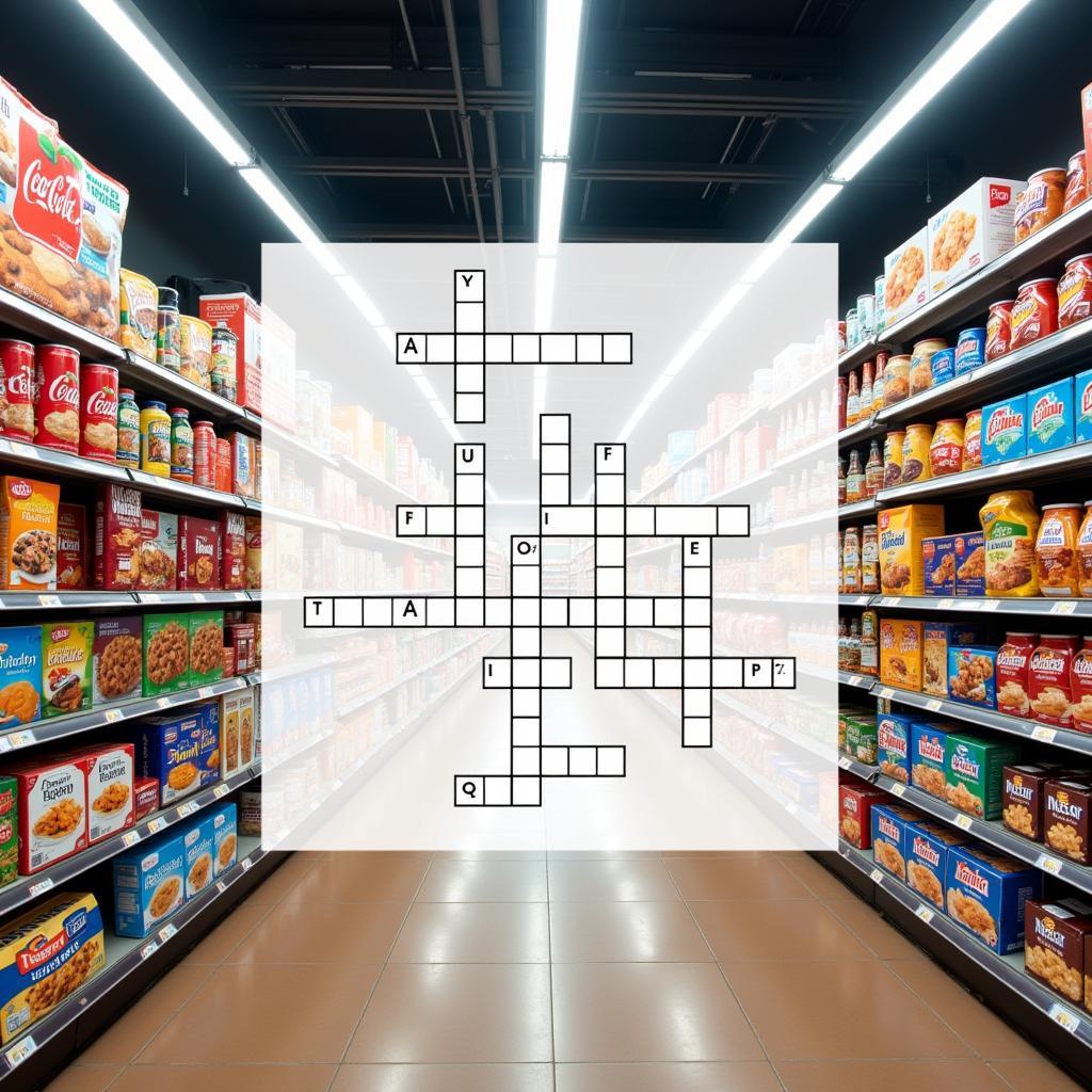 Frozen food aisle with crossword puzzle overlay