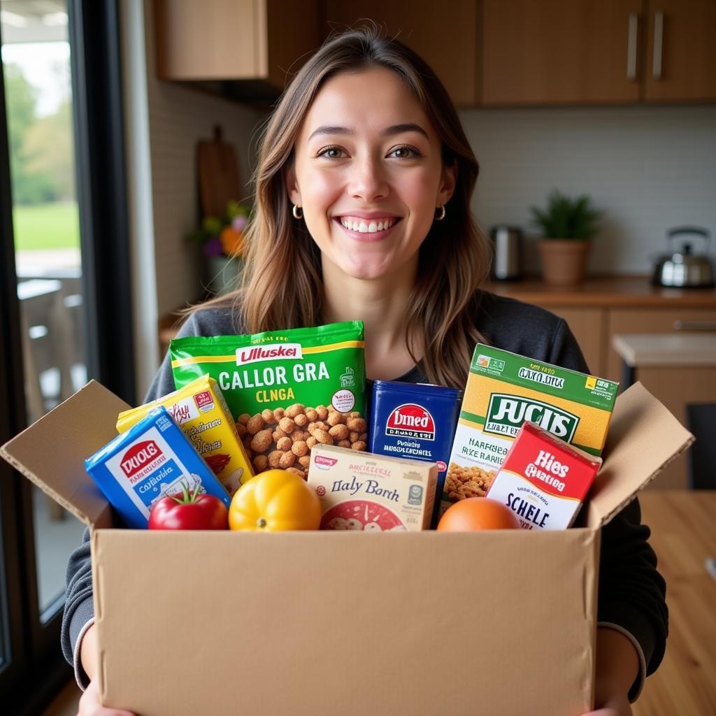 Excited Giveaway Winner Holds a Box of Frozen Food