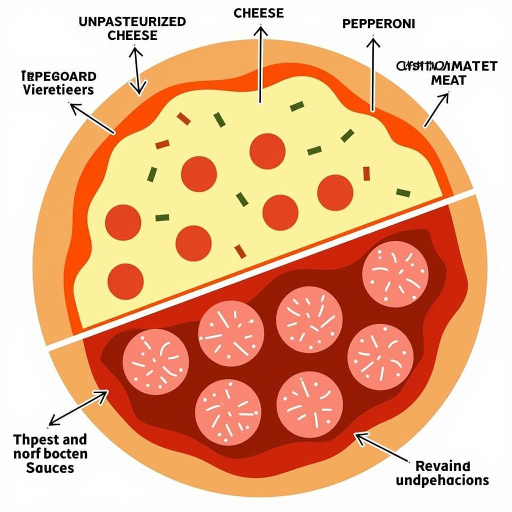 Frozen pizza ingredients with potential contamination sources marked.