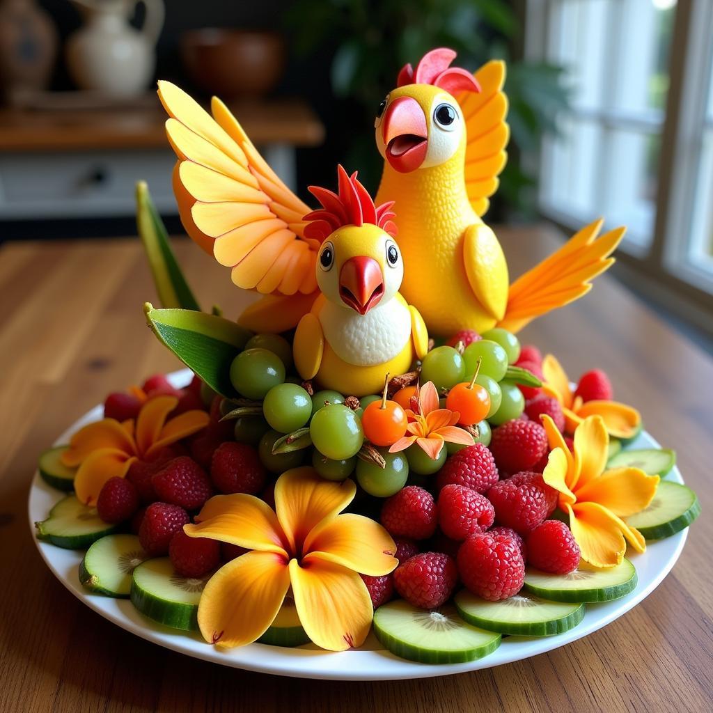 A colorful fruit platter arranged in the shape of tropical birds and flowers.