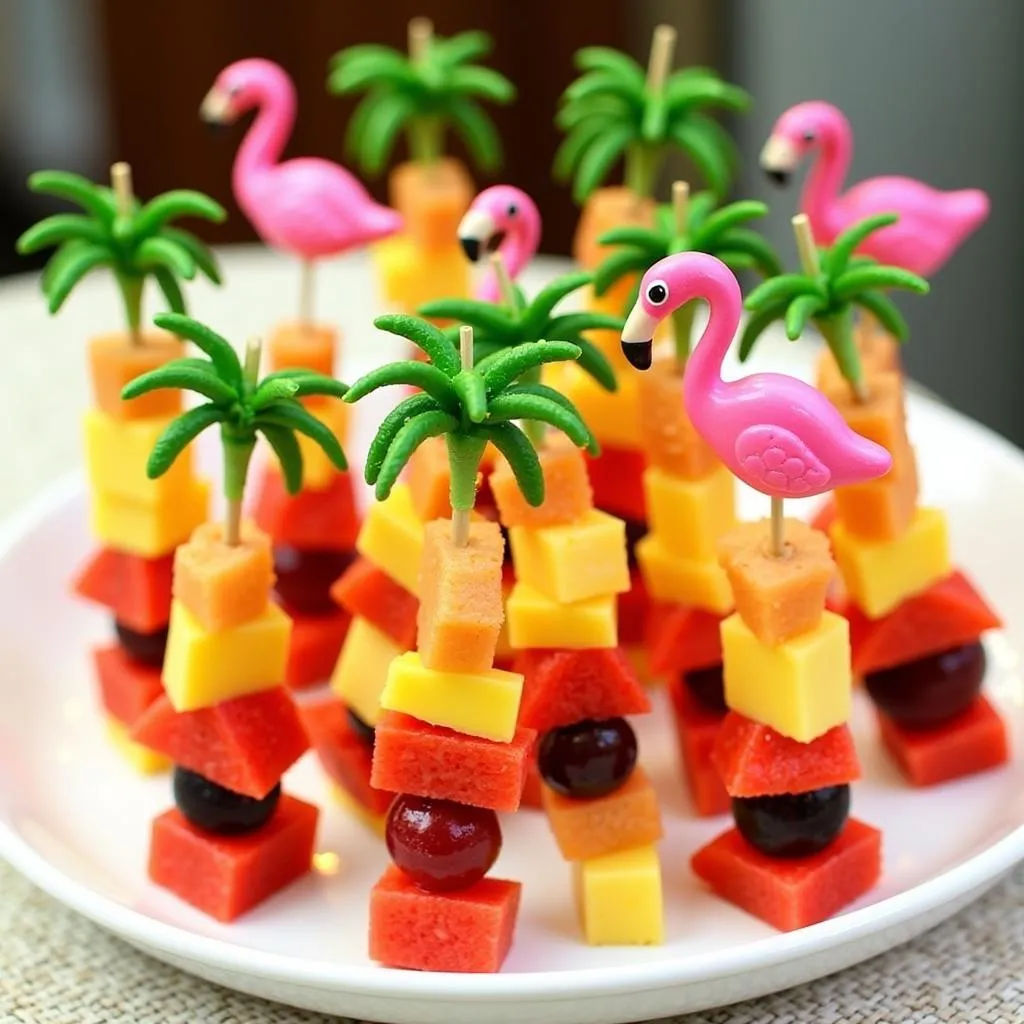 Fruit skewers arranged on a party platter