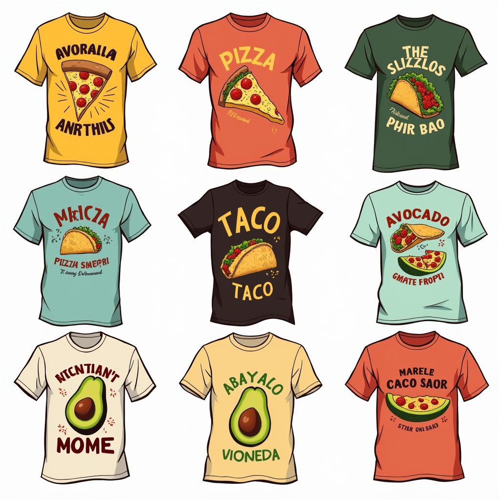 Funny food t-shirt designs featuring quirky illustrations and puns.