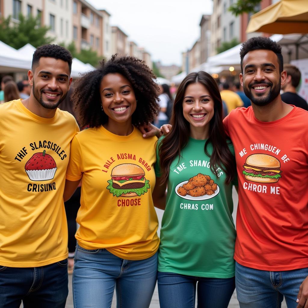 A group of friends laughing while wearing colorful and funny food t-shirts