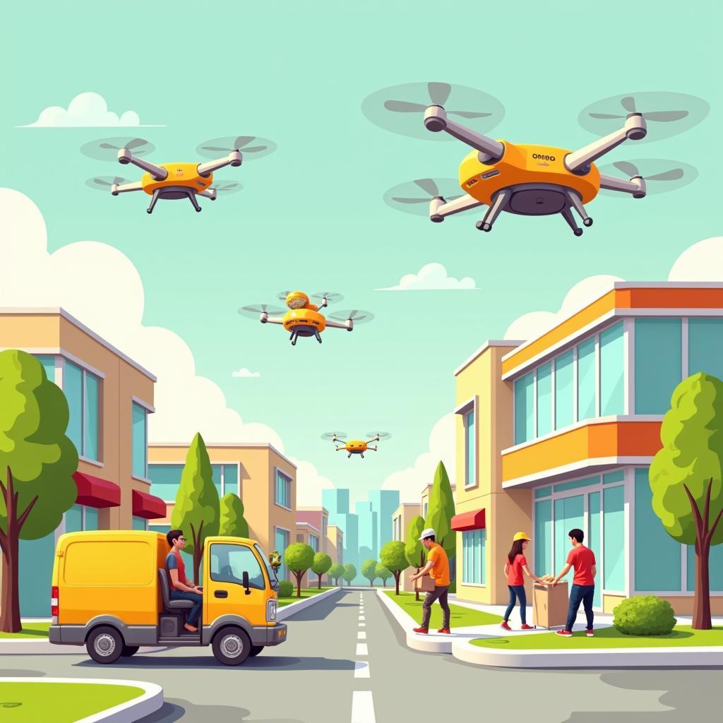 Drones and robots making deliveries, symbolizing the future of food delivery