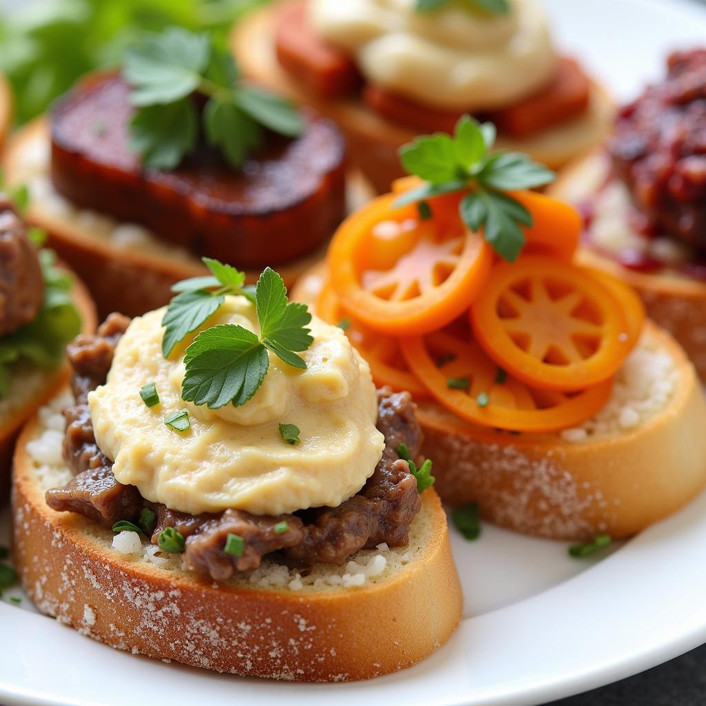 Assortment of game bird pate on toasted crostini