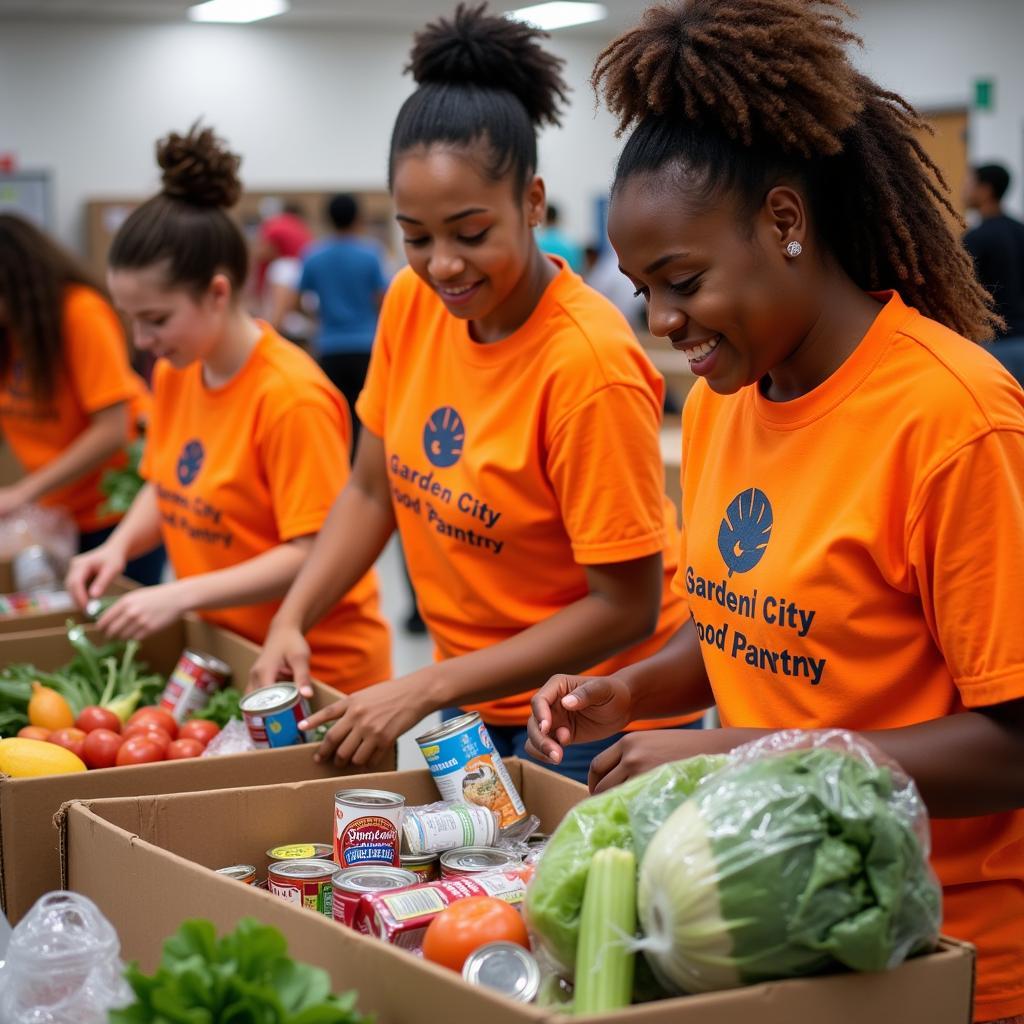 Volunteers sorting food donations at the Garden City Food Pantry