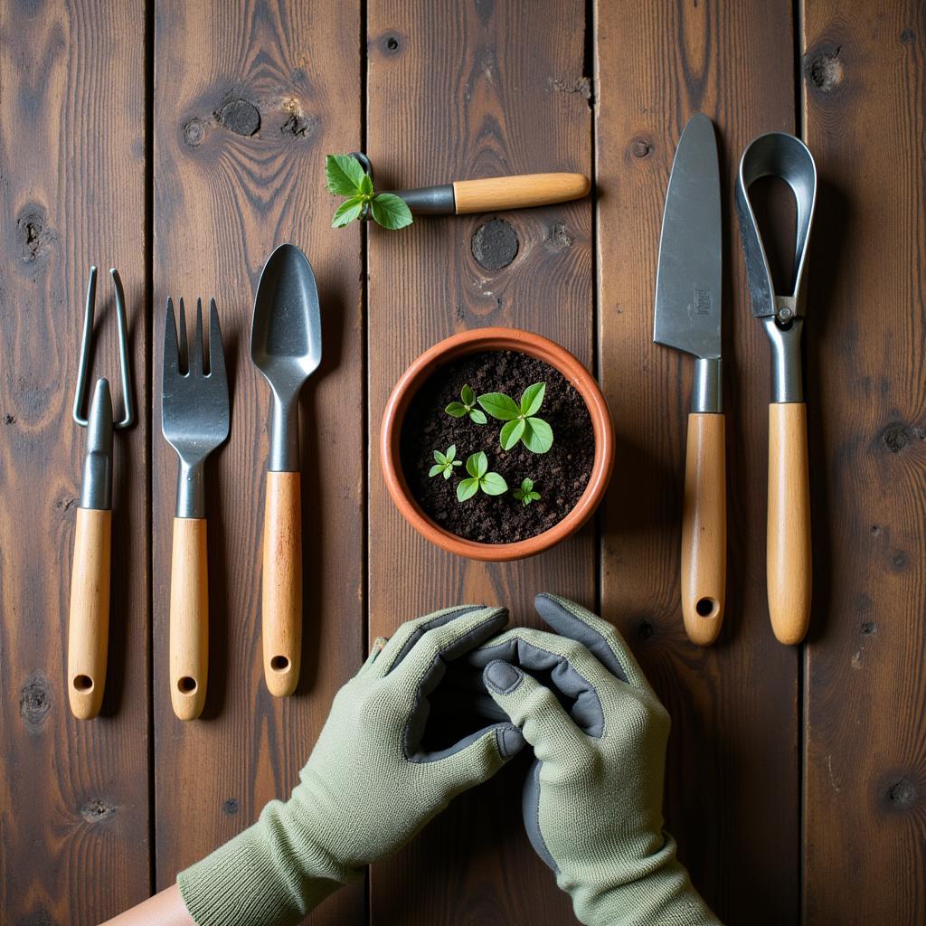 Gardening Tools and Seedlings Ready for Planting