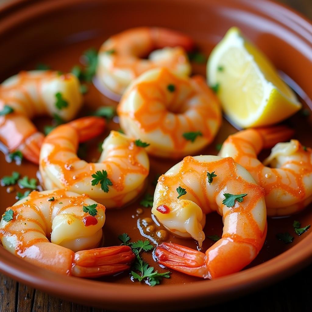 Sizzling garlic shrimp served in a traditional terracotta dish