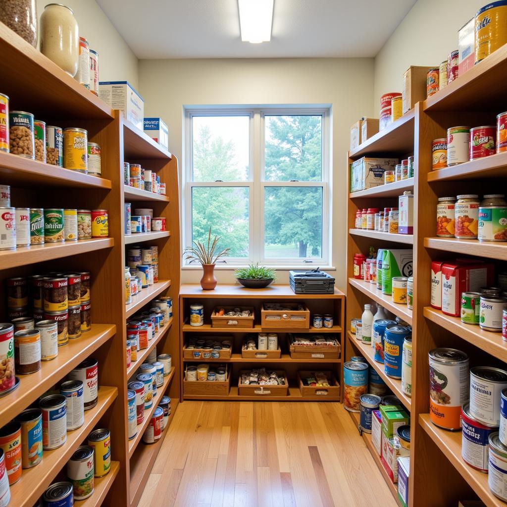 Inside the Garrard Chapel Food Pantry: Shelves stocked with a variety of food items.