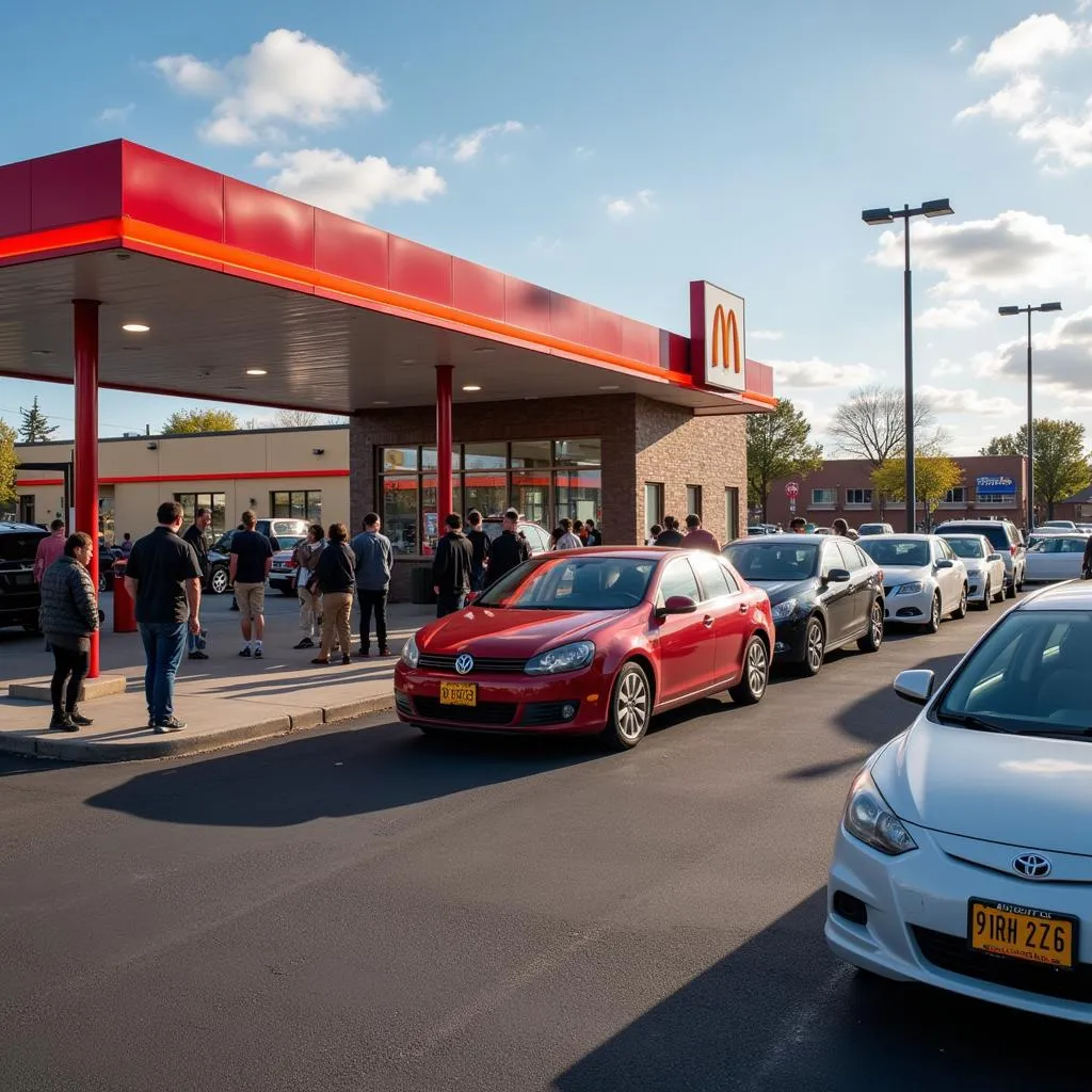 A thriving gas station fast food franchise with a bustling drive-thru