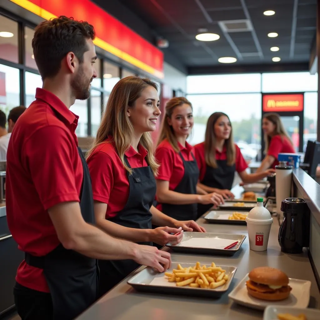 A dedicated team of staff at a gas station fast food franchise