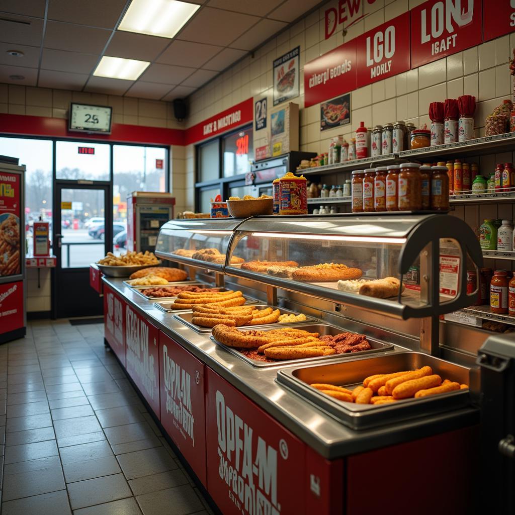 Gas station roller grill with a variety of hot food options.