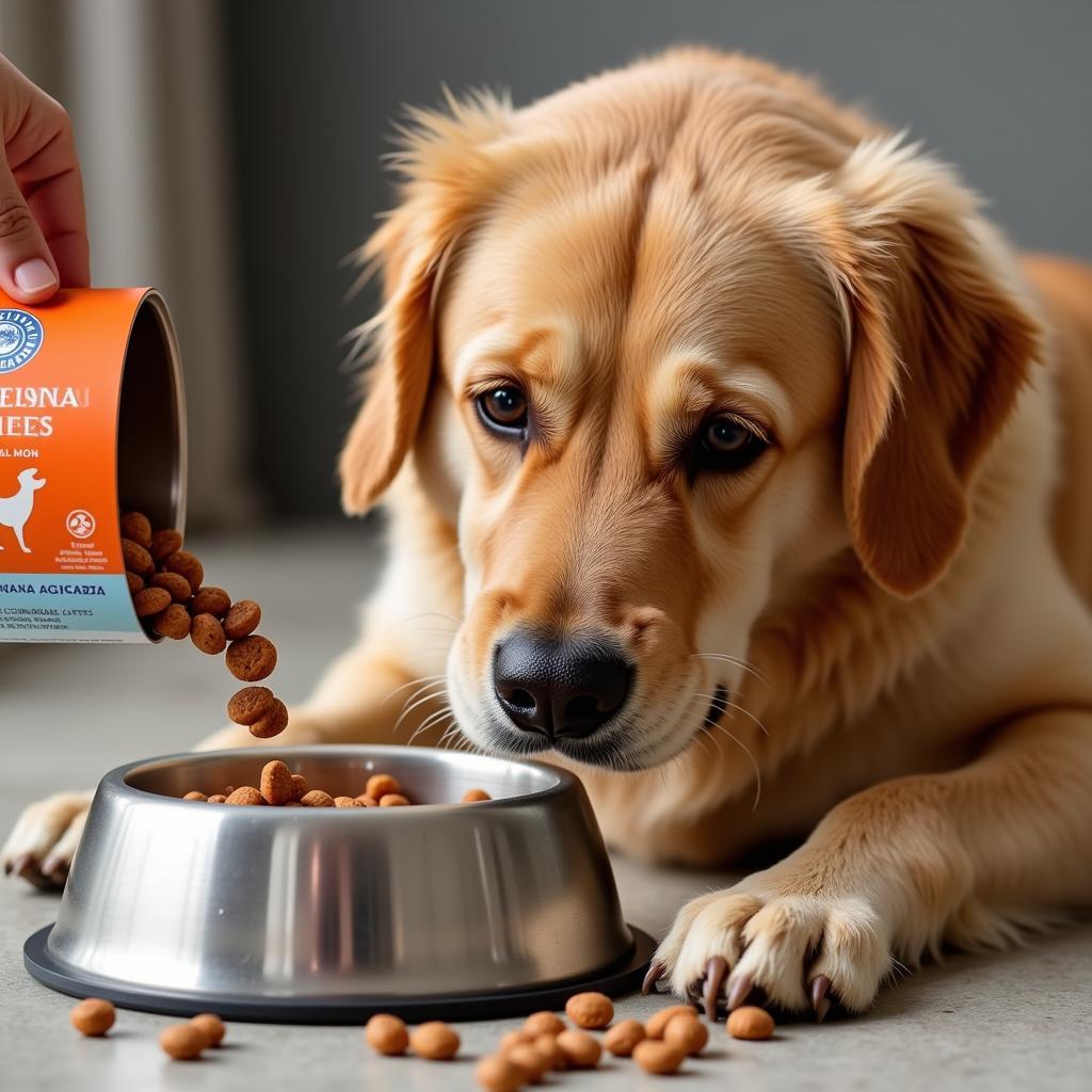 Large dog enjoying a bowl of gentle giants dog food salmon