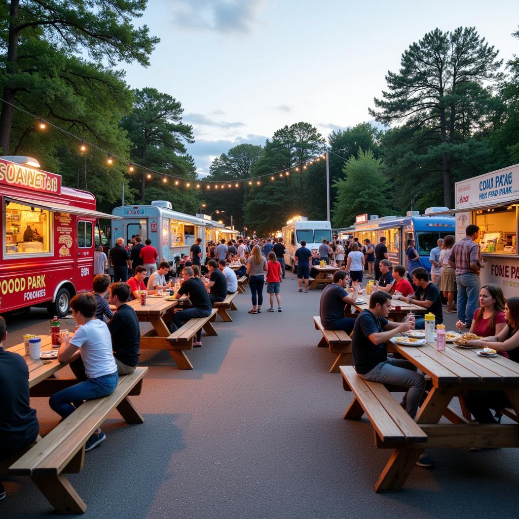 People gathering and eating at a Georgia food truck park