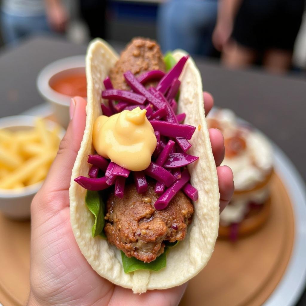 A close-up shot of a German Mexican fusion taco