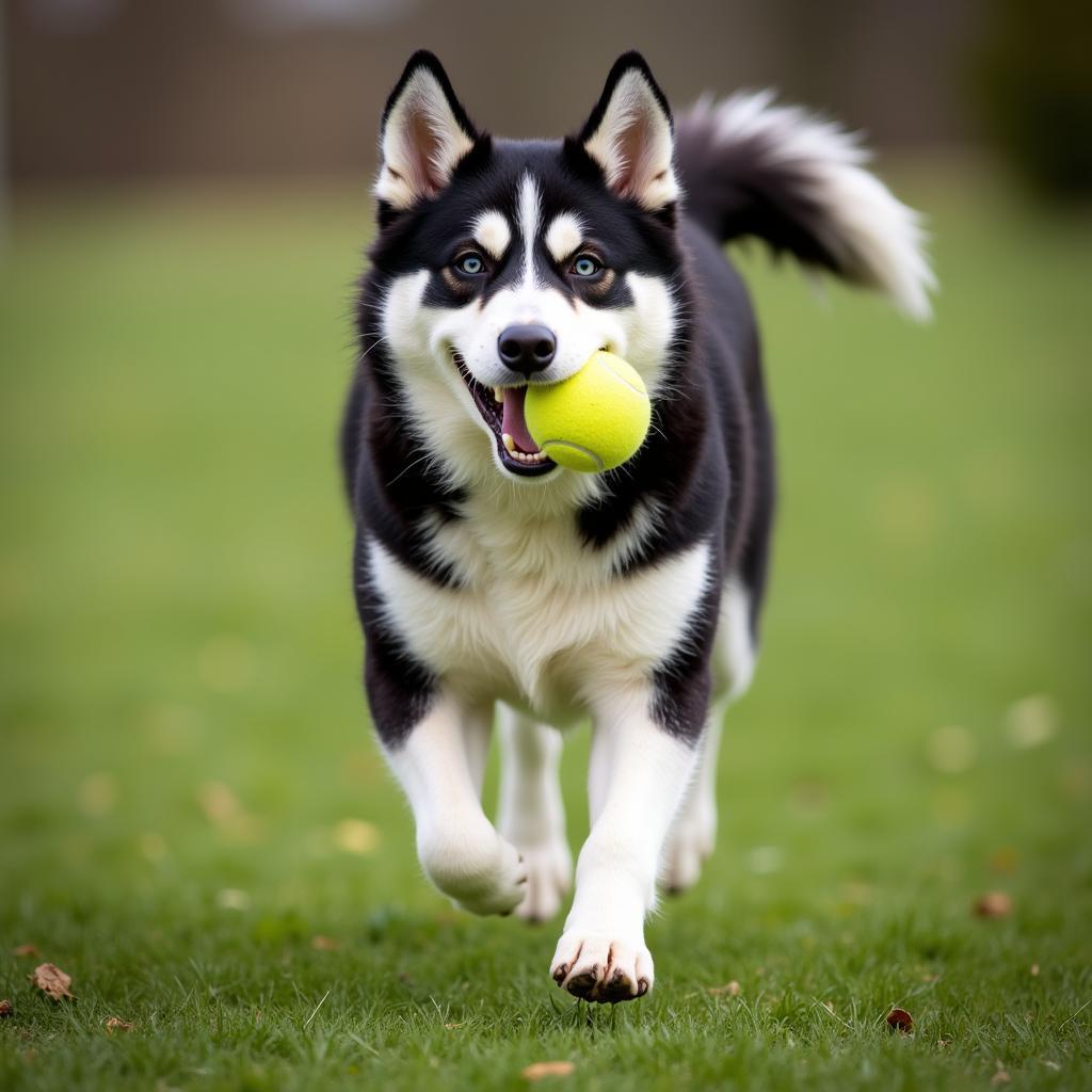 A German Shepherd Husky mix playing fetch in a park