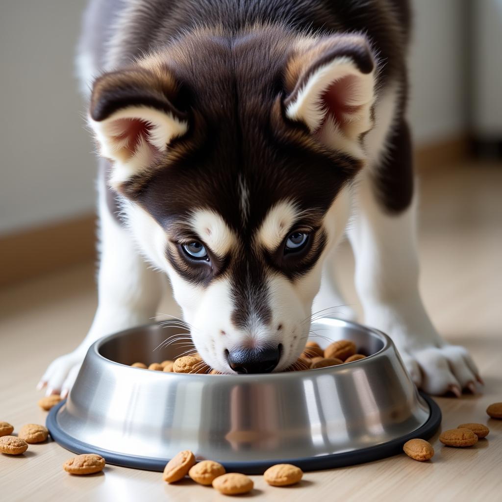 A German Shepherd Husky puppy eats from a bowl