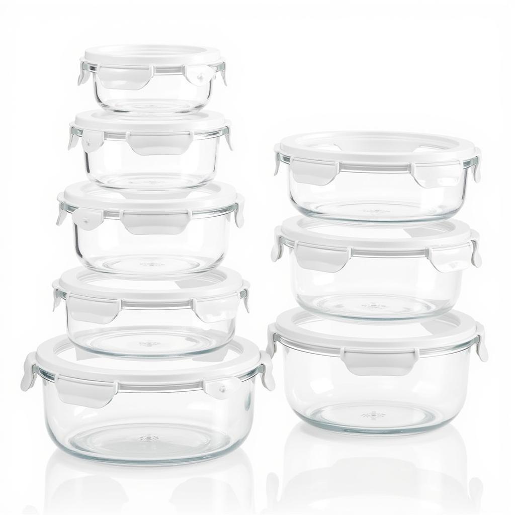 Glass food storage containers arranged neatly in a kitchen cabinet