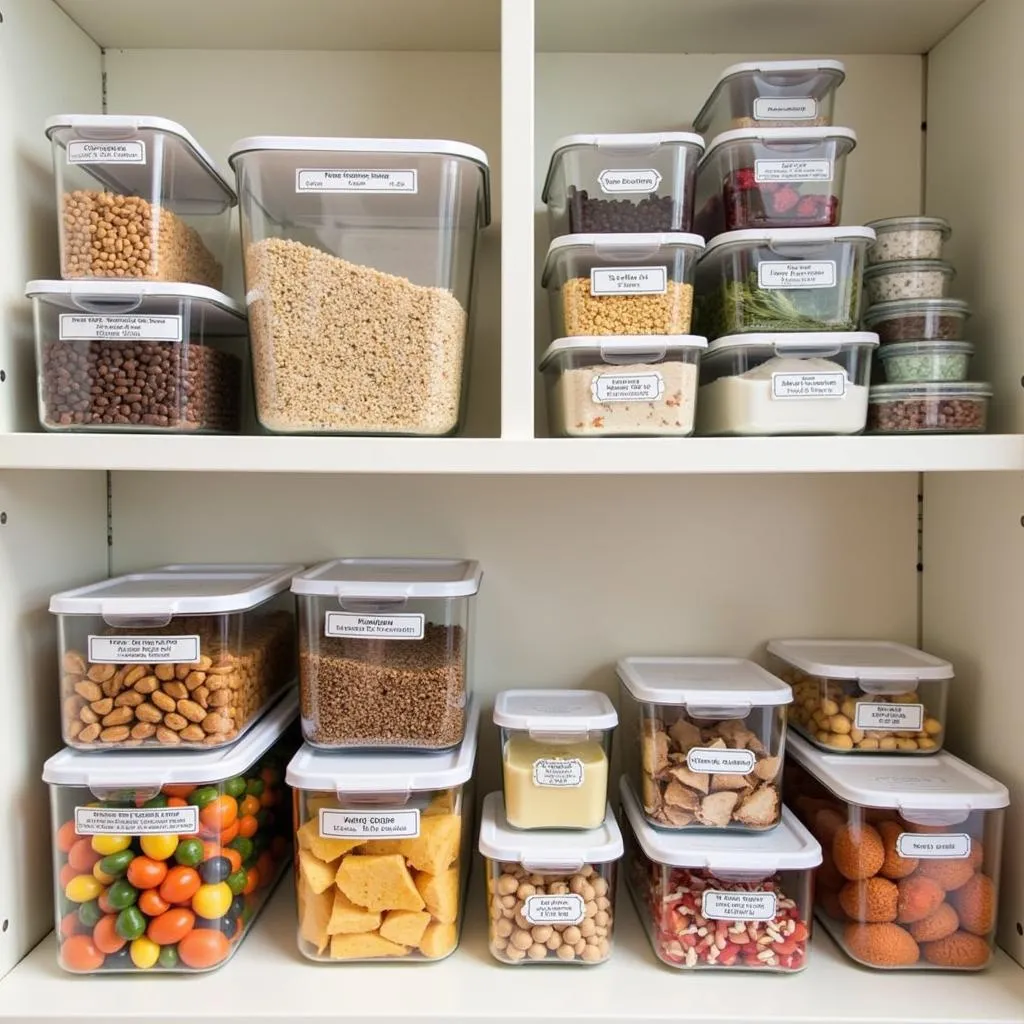 Glass food storage containers neatly arranged in a pantry