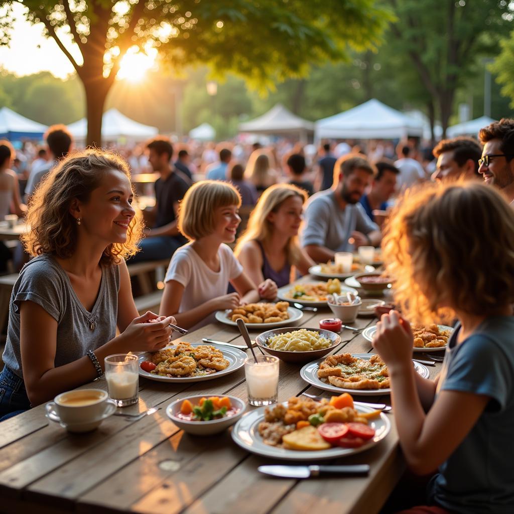 Families and friends enjoy food at picnic tables at the Glenside Food Truck Festival