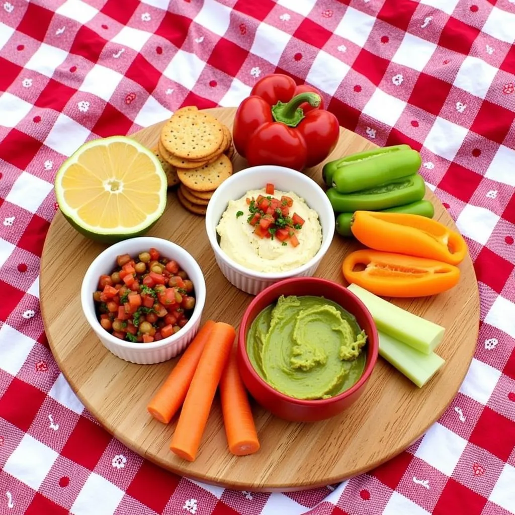 Colorful gluten-free picnic spread with dips and fresh vegetables