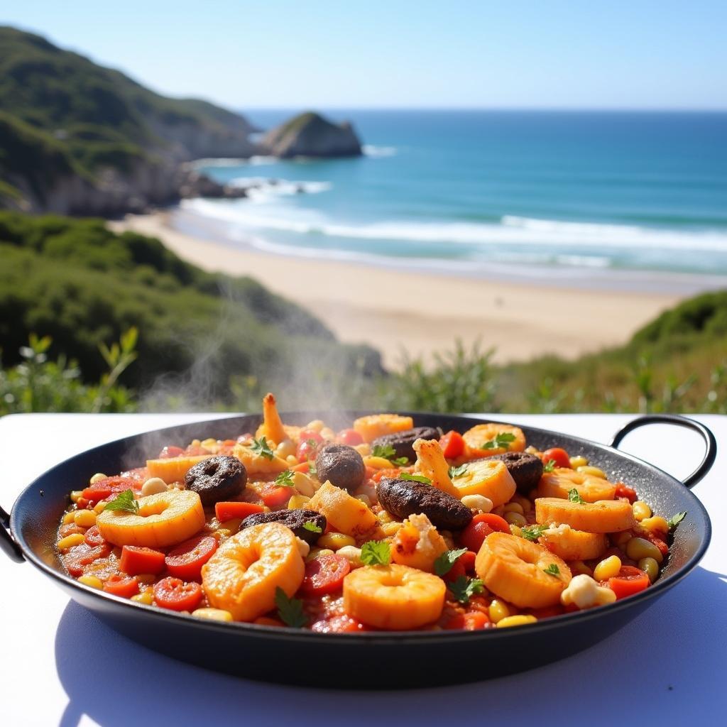 A plate of gluten-free paella with seafood on a beachside table