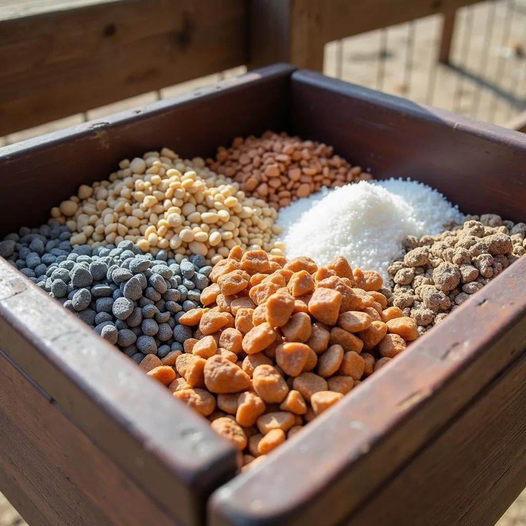 Goat mineral supplements in a feed trough