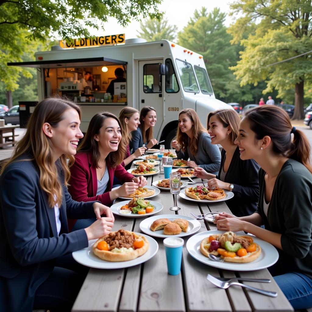 Customers enjoy their food at picnic tables outside the Goldfingers food truck.