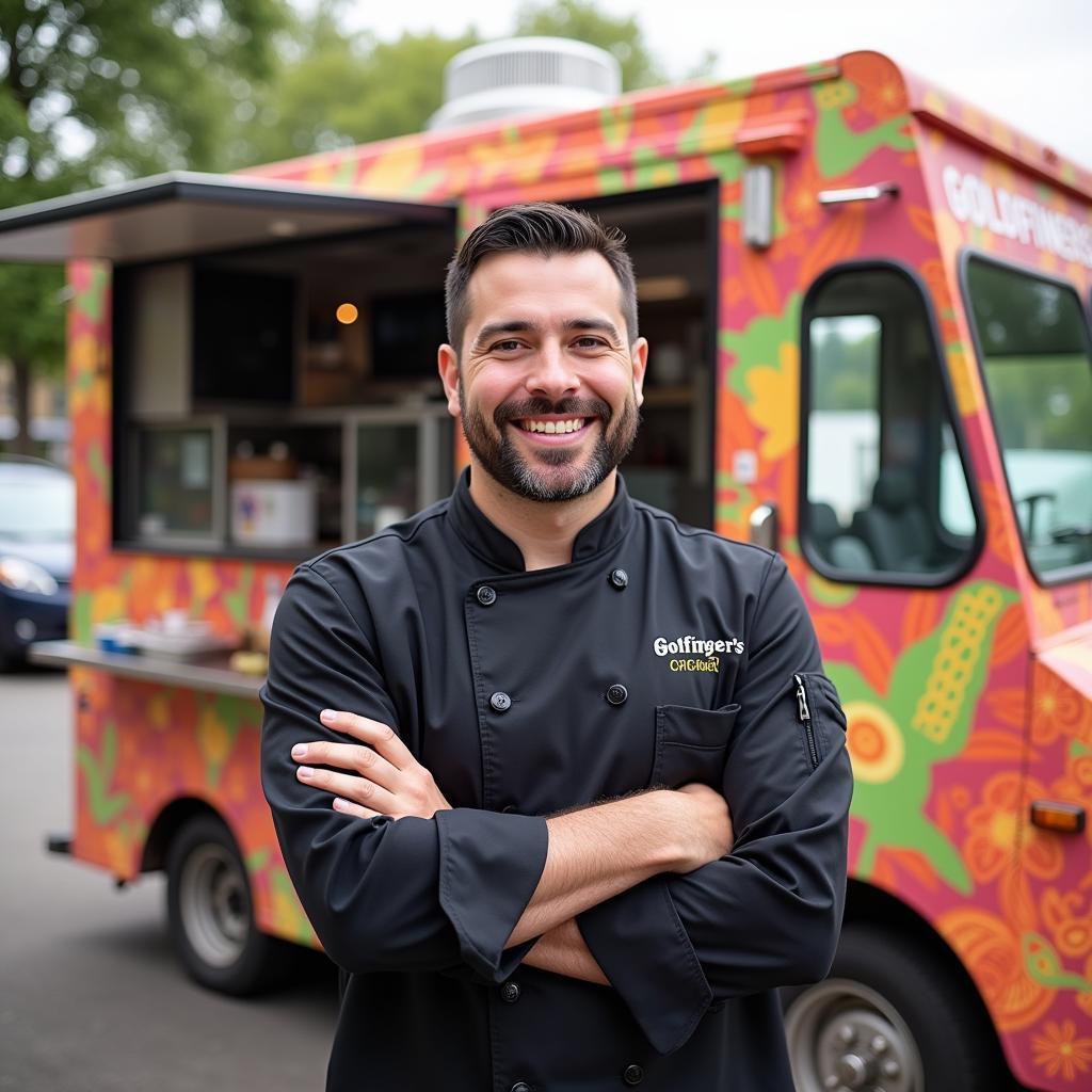 The owner of Goldfingers food truck stands proudly in front of his truck.