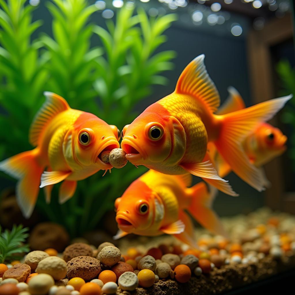 Goldfish eagerly consuming bug bites food