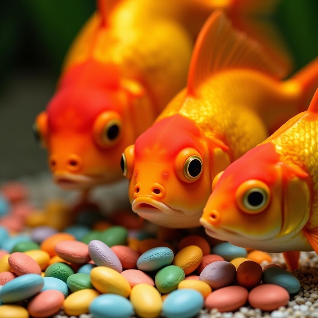 Goldfish Enjoying Food Pellets