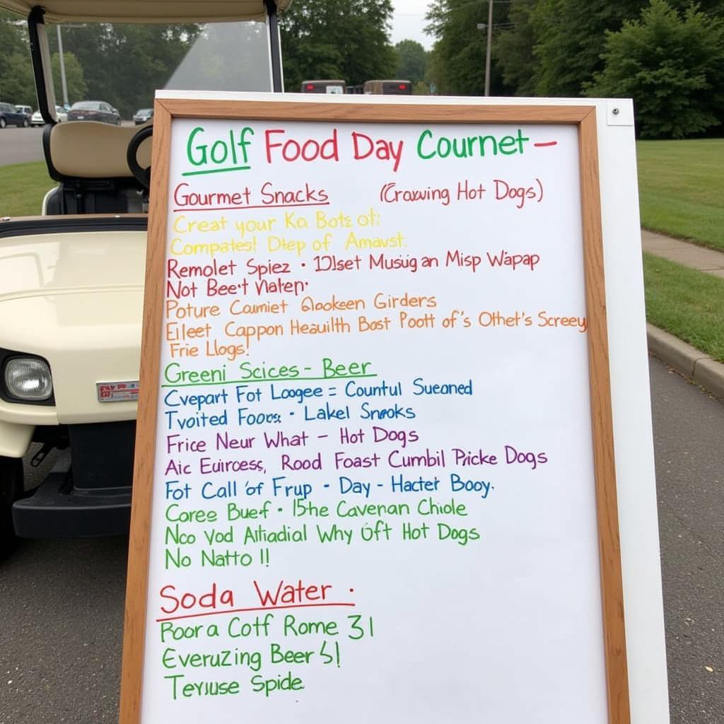 Menu board on a golf cart food cart with various food and drink options