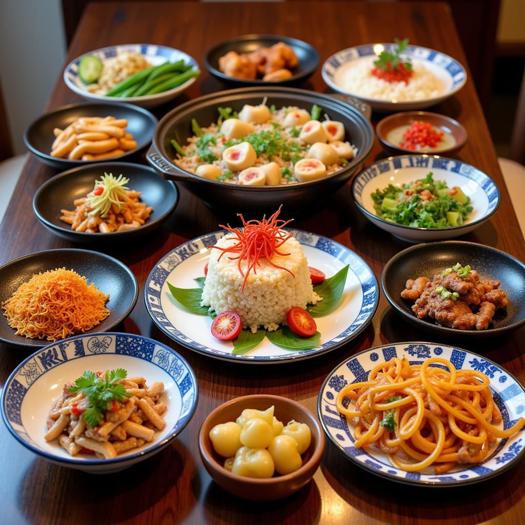 A table setting with plates of classic Cantonese dishes like Sweet and Sour Pork, Egg Rolls, and Chow Mein