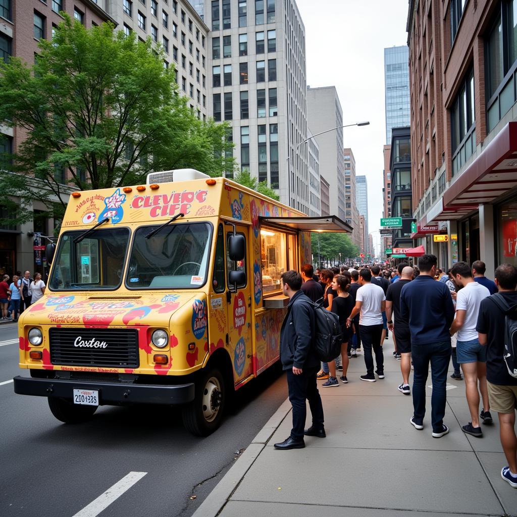 A bustling lunchtime crowd gathers around a vibrant good groceries food truck, eager to sample the delicious offerings.