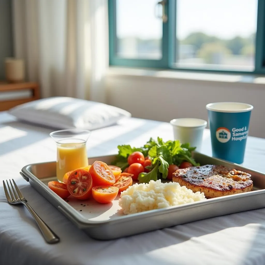 A Tray of Food on a Hospital Bedside Table