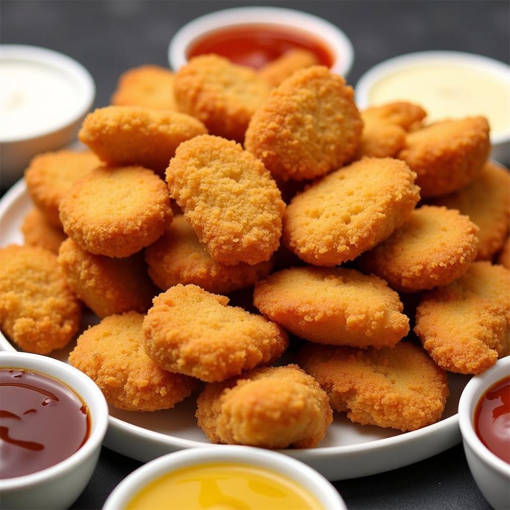 Platter of golden-brown Gordon Food Service chicken nuggets with various dipping sauces