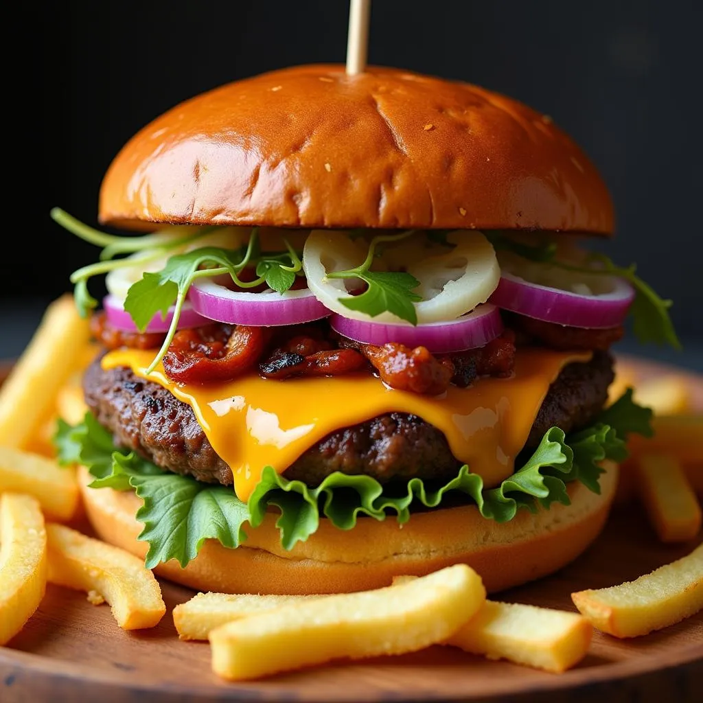 A gourmet burger with crispy fries, showcasing the elevated culinary experience of street food.