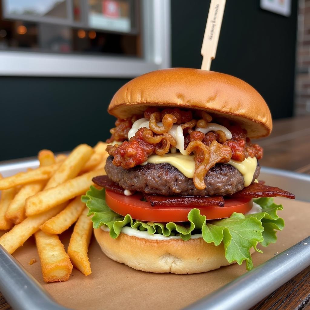 A gourmet burger with a side of fries on a food truck tray