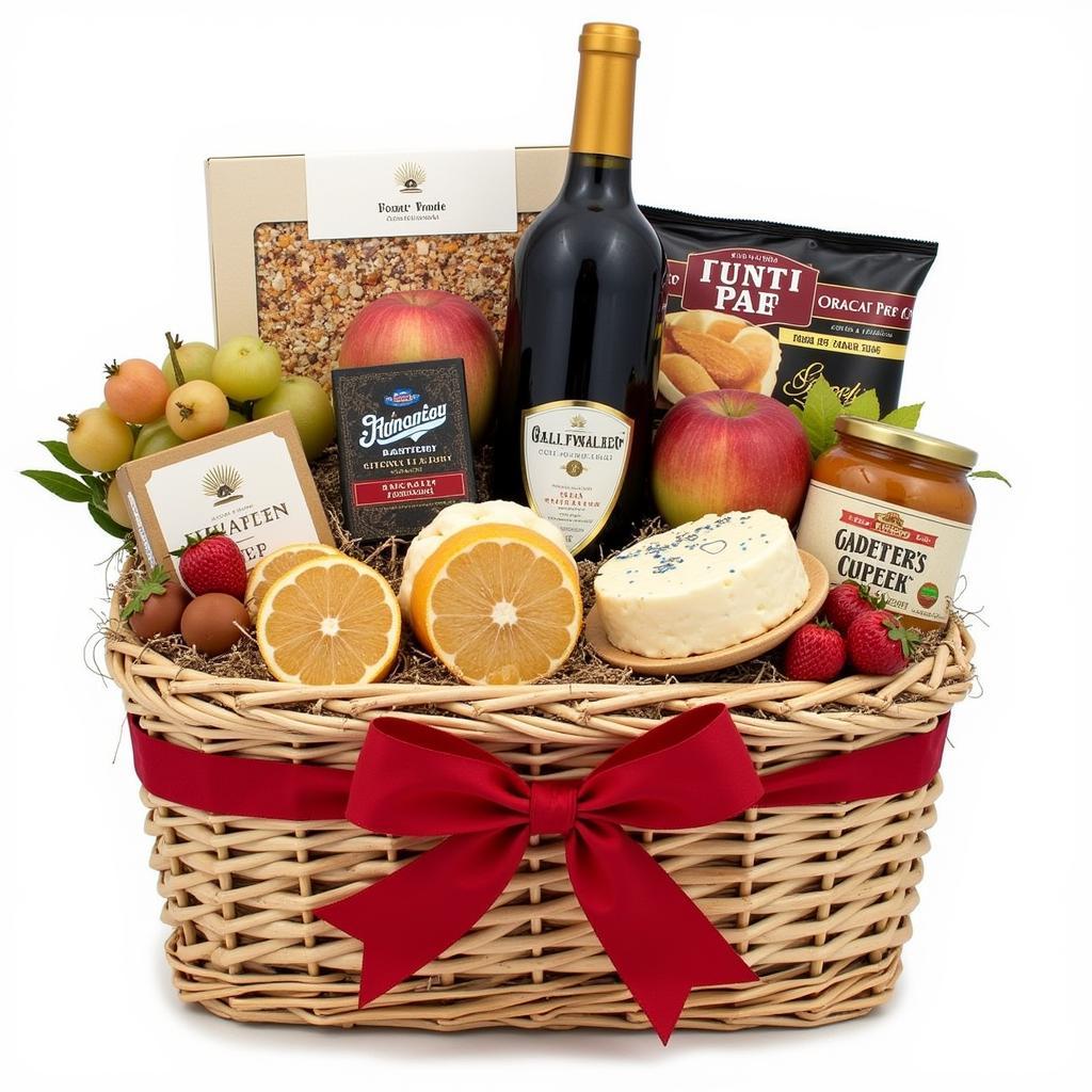 Gourmet food gift basket with various treats