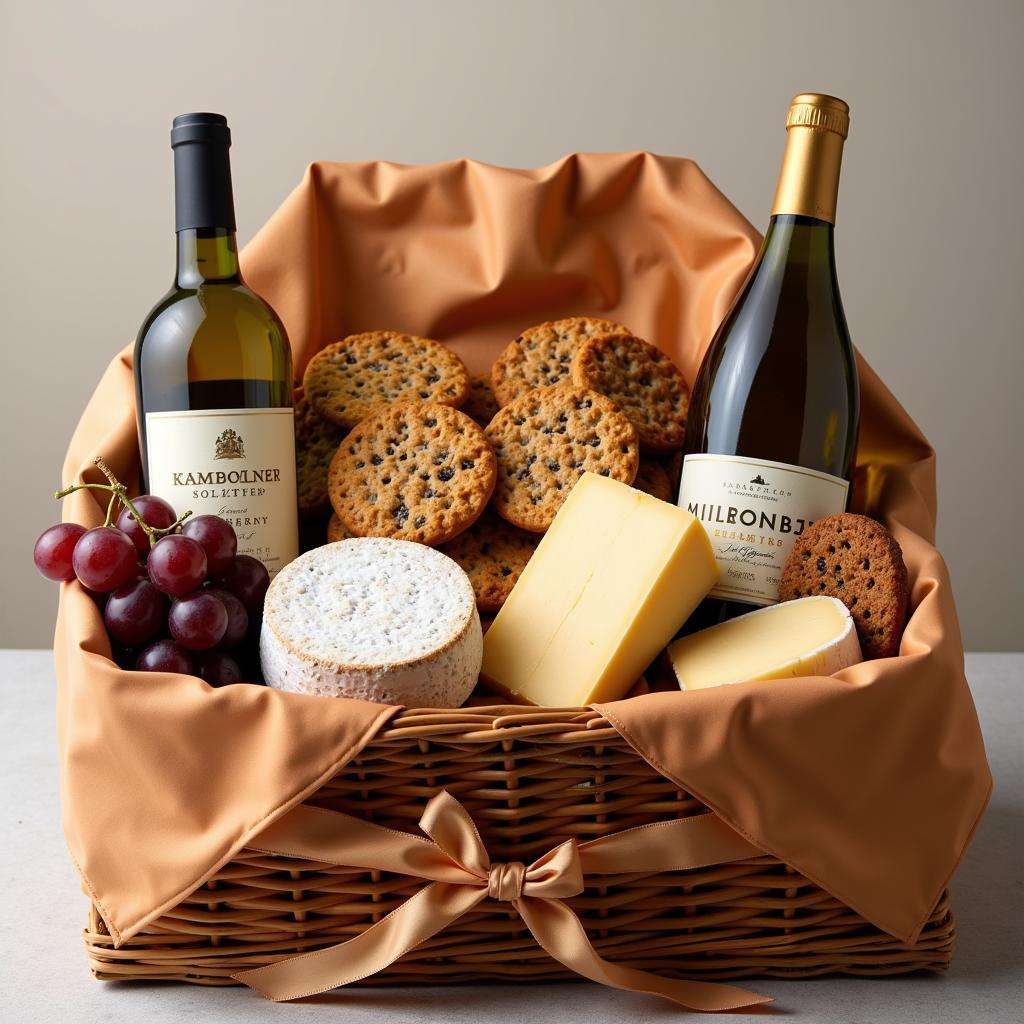 Gourmet food hamper with wine and cheese selection