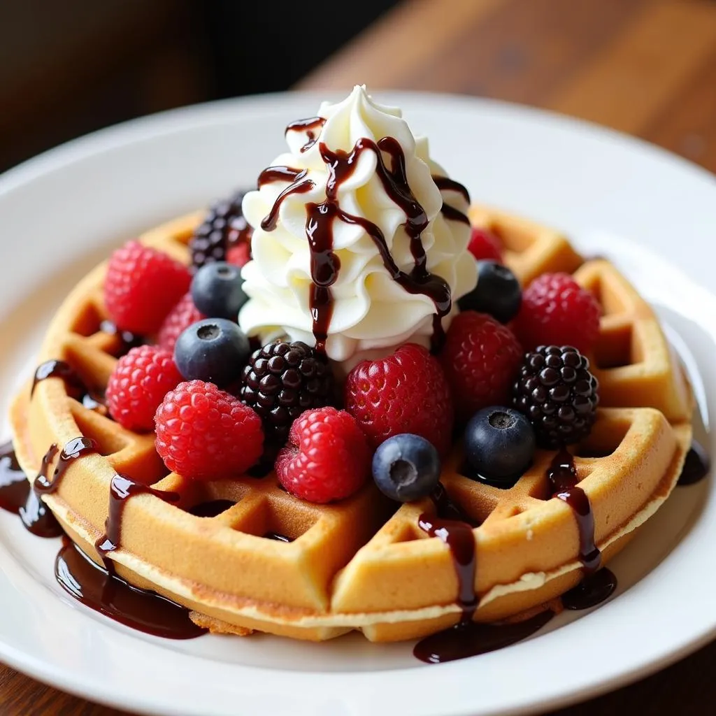 Gourmet Iron Waffle Topped with Fresh Berries and Whipped Cream