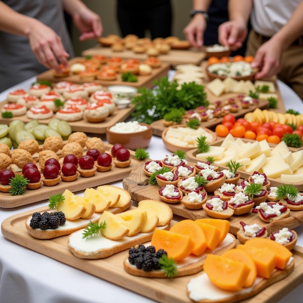 A diverse selection of appetizers and main course dishes prepared by Grace Food Catering.