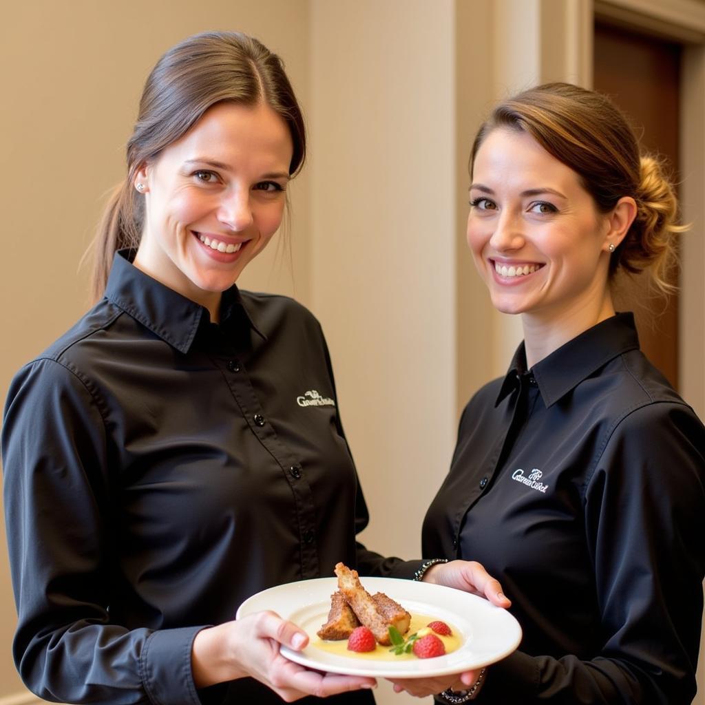 Grace Food Catering staff members courteously serving guests at a catered event.