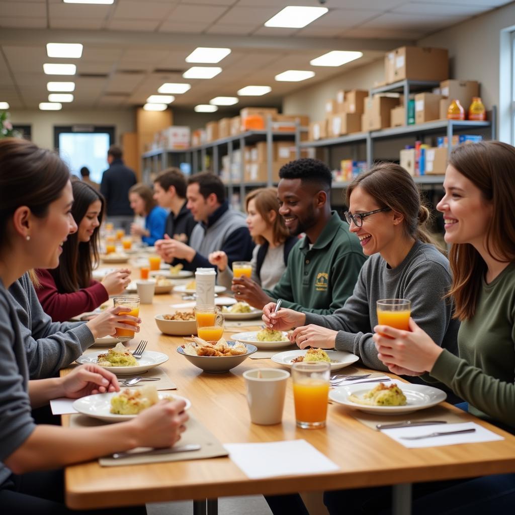 Volunteers and community members gathering for a community meal at Grace Place Food Pantry