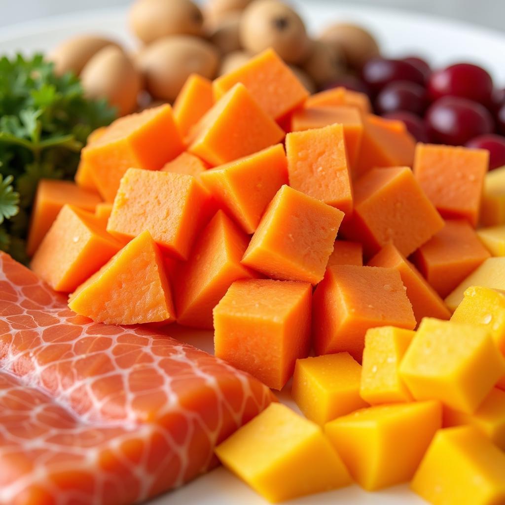 Close-up of grain-free salmon and sweet potato dog food ingredients