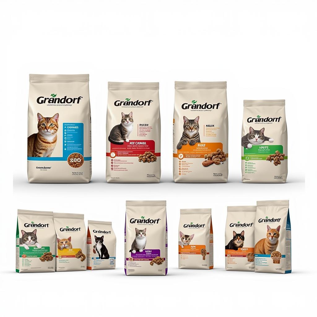 Different types of Grandorf cat food bags lined up