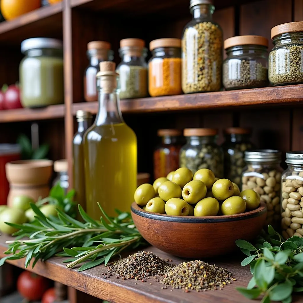 Greece food shelf essentials: A colorful display of olive oil, olives, herbs, and spices.