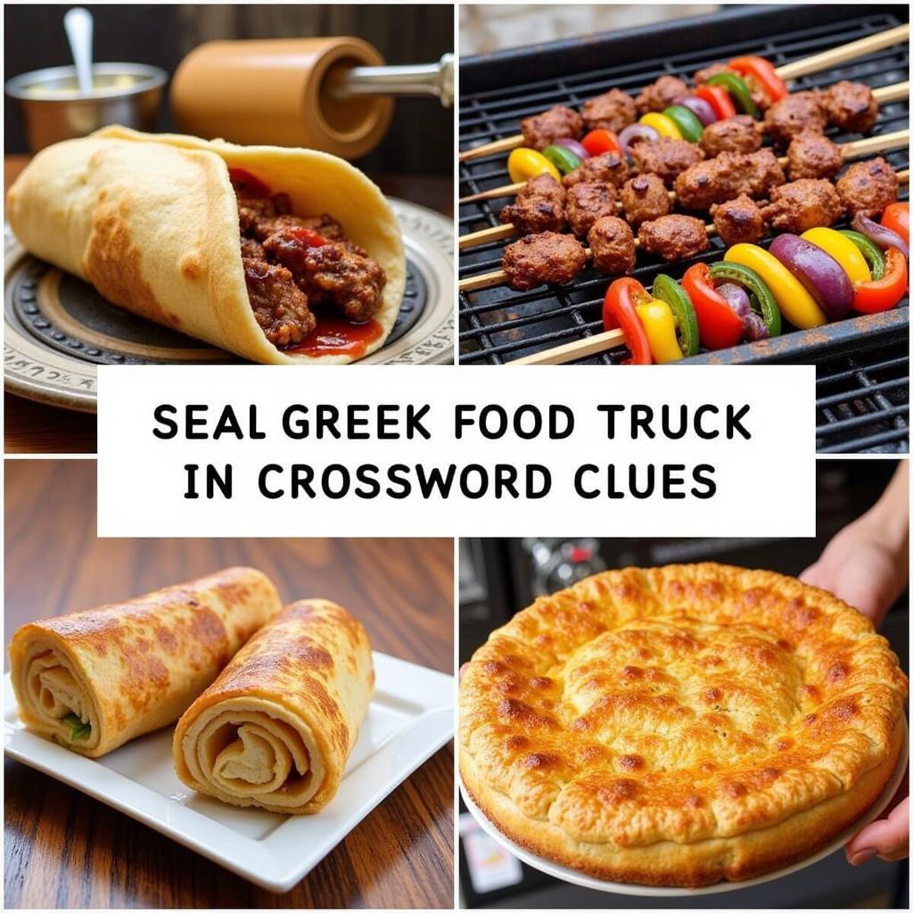 Greek food truck crossword clues with images of gyro, souvlaki, and spanakopita